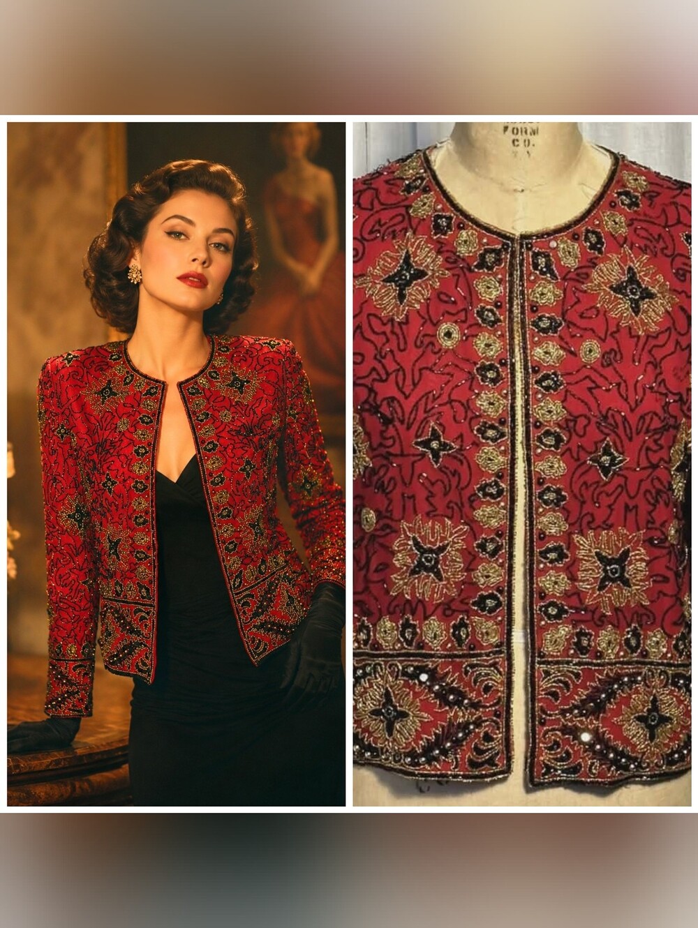 Vintage Adrianna Papell Red Silk Exquisite Beaded Evening Jacket Size 8